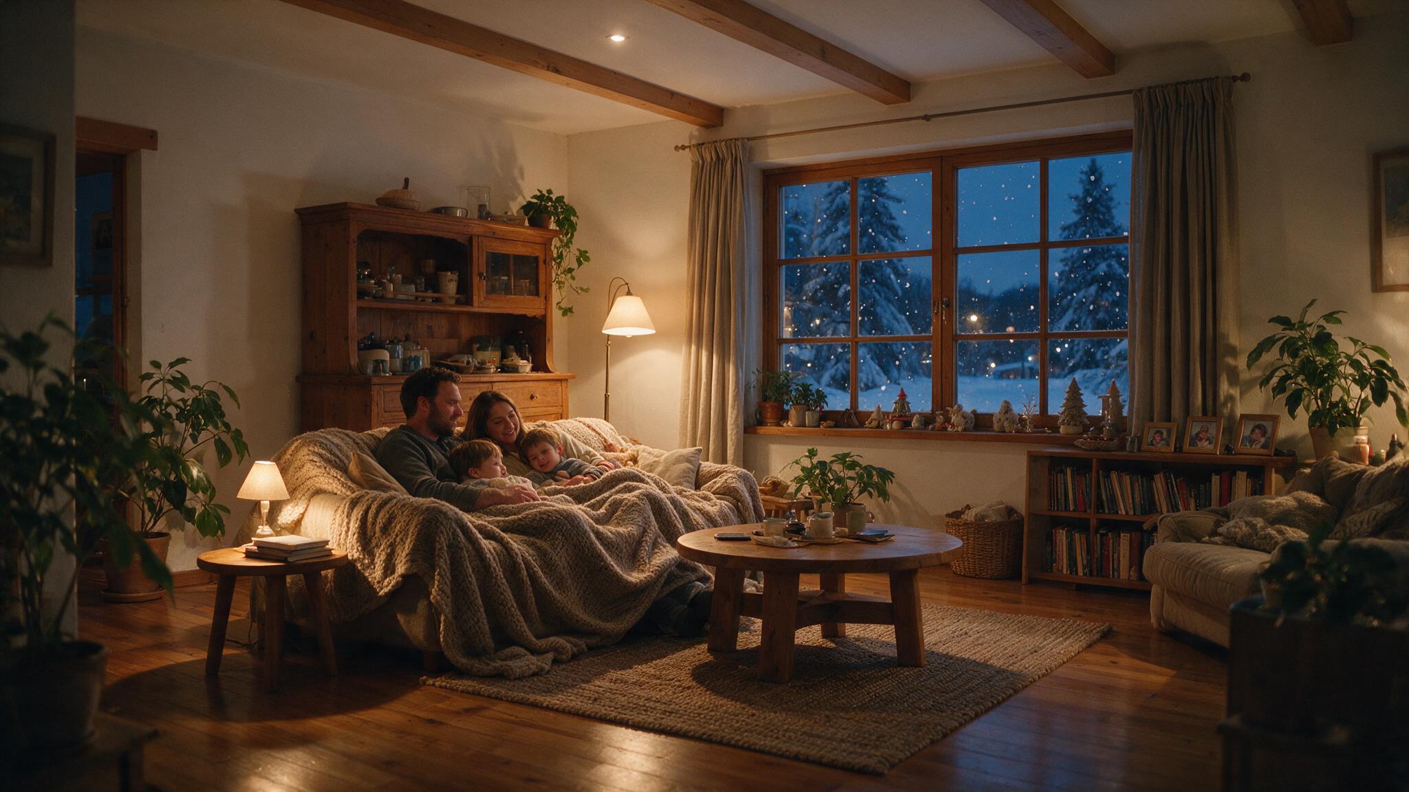 Familie im warmen Wohnzimmer an einem Winterabend